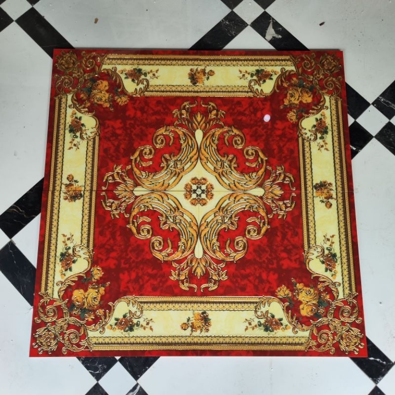 Granit pola dekoratif tile ukuran 120x120 motif merah bunga pinggir cream