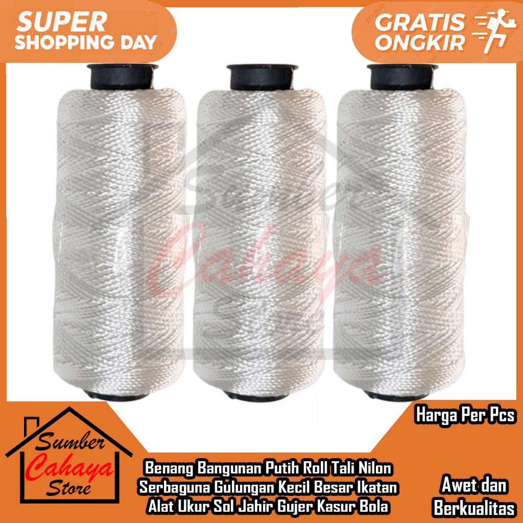 Benang Bangunan Putih Roll Measuring Rope Tali Nilon Serbaguna Gulungan Kecil Besar Panjang White Bu