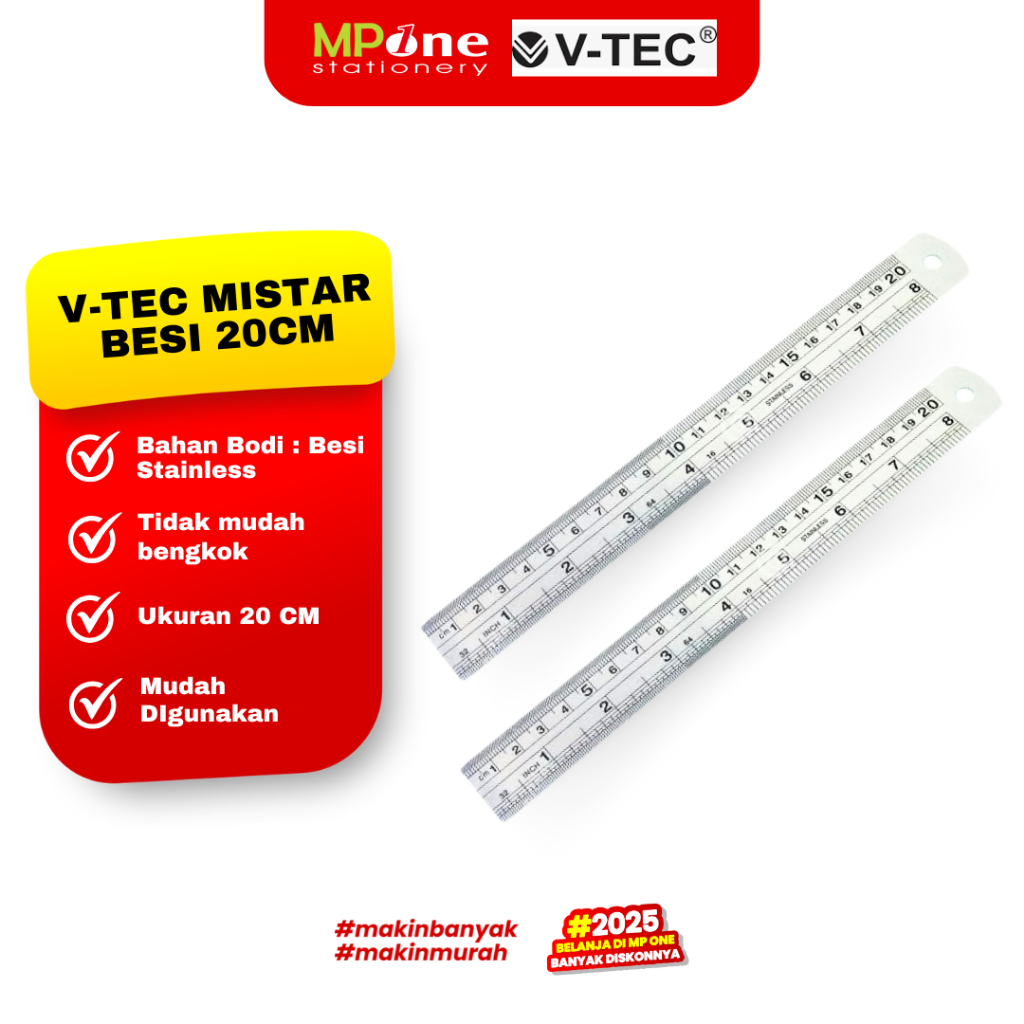(1 PCS) V-Tec Mistar Besi 20 CM / Penggaris Besi Anti Patah 20cm V-TEC / Mistar Besi Stainless Steel