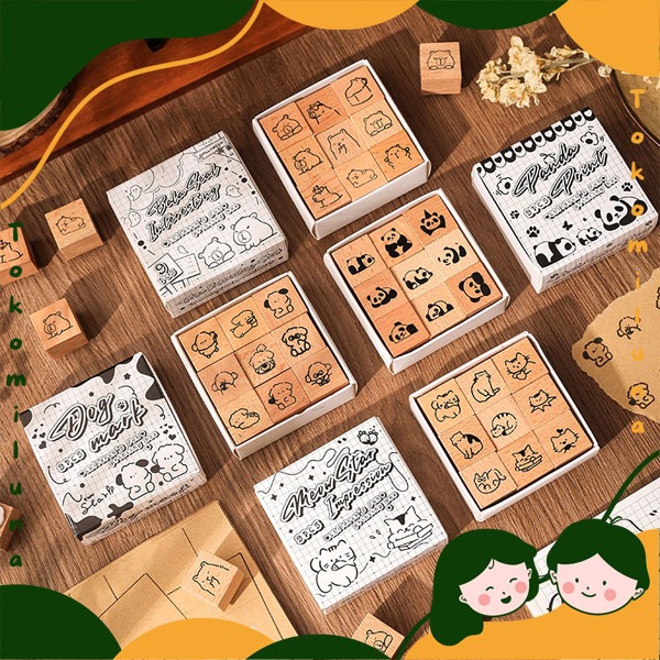 1 set wooden cute animal stamp retro vintage aesthetic journaling diy jurnal stempel kayu lucu HB184