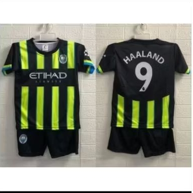 setelan baju jersey anak bola club warna salur hijau stabilo printing terbaru