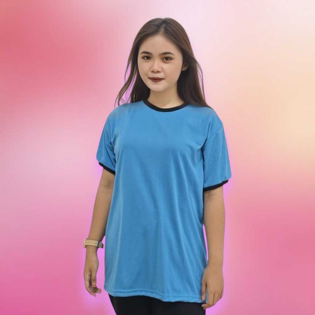 Kaos Oblong Warna Biru Turkis Variasi Rib Hitam