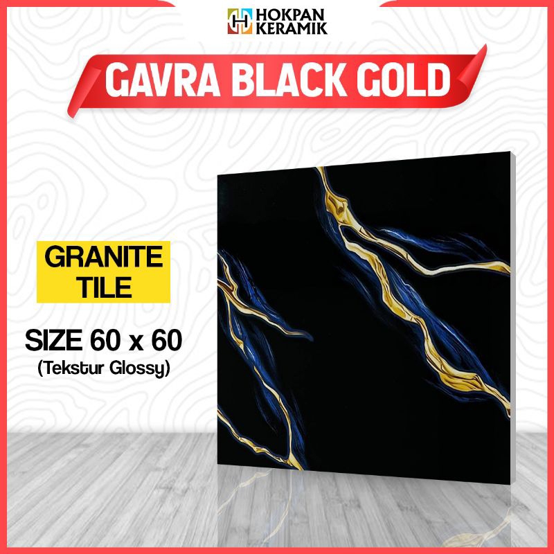 Granite Lantai Motif Hitam Biru Emas Arna Gavra Black 60X60 - Hokpan Keramik Glossy