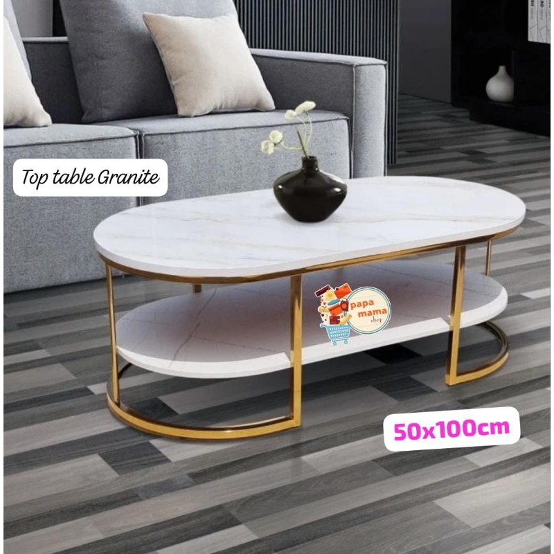 Meja Tamu Marble Gold - Coffe Table Meja Oval Minimalis - Uk.100cm