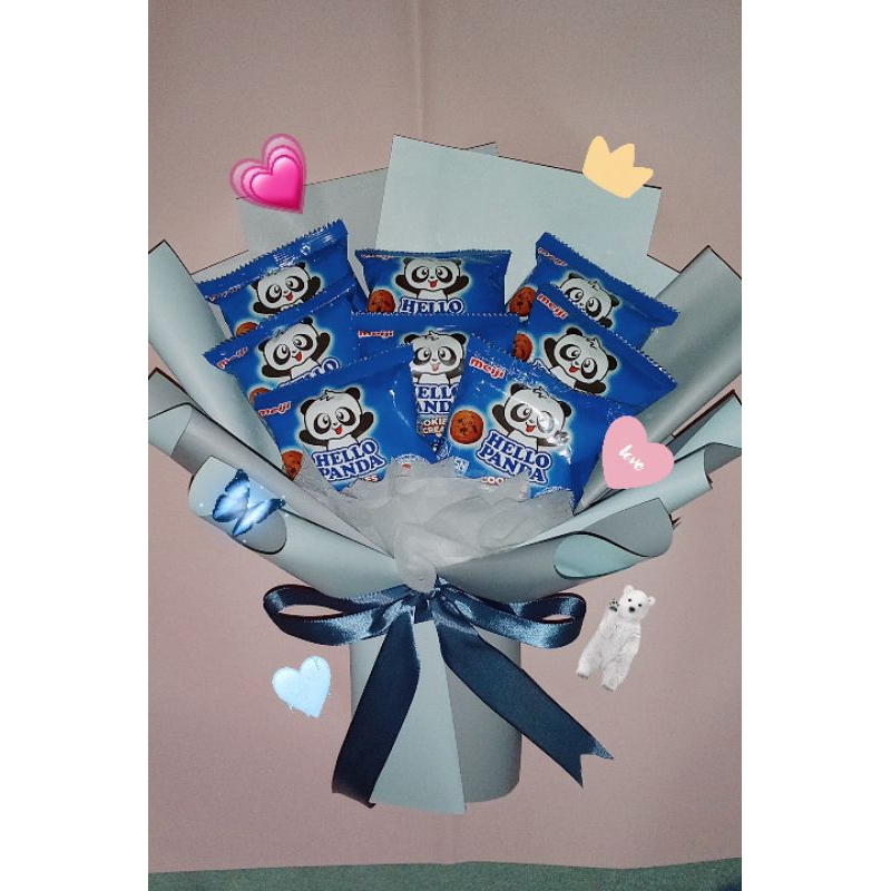 Buket jajanan Hello Panda warna biru | Ready ukuran besar dan kecil