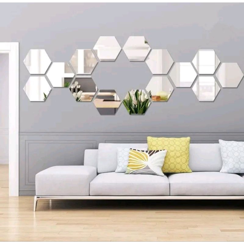 kaca hiasan dinding ruang tamu aesthetic (isi7pcs) kaca cermin hexagonal akrilik cermin minimalis hi
