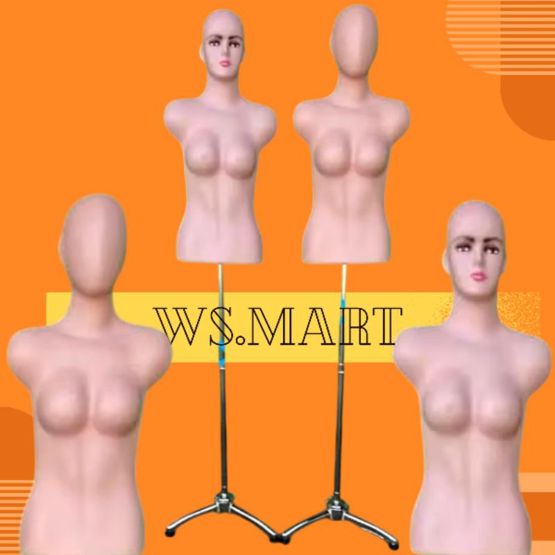 Patung Manekin Wanita Body kepala botak set penyangga- Patung Baju Gamis Dm Botak Kulit Set