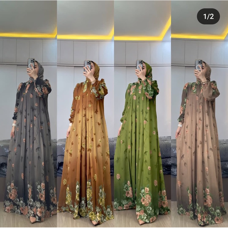 gamis zefanya set hijab bahan ceruty full furing mewah free kerudung baju muslim wanita maxy dress