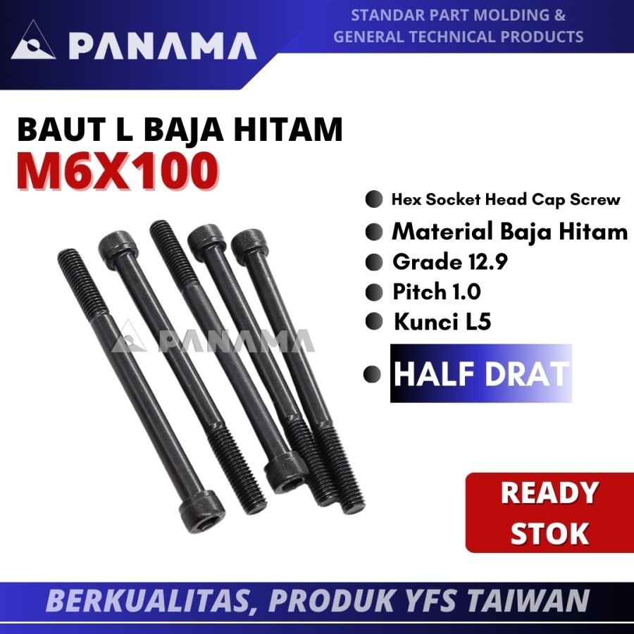 Baut L M6x100 Baut L Baja Hitam 12.9 M6 x 100 mm Half Drat YFS Taiwan