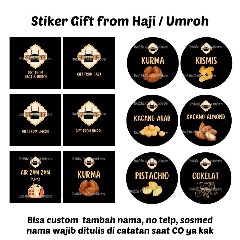 

sticker Stiker Gift From Hajj Umroh Label Kemasan oleh-oleh Haji souvenir hampers parcel hadiah bingkisan tasyakuran kurma cokelat air zam zam kacang arab almond pistachio kismis black gold label mika thinwall plastik toples kotak dus box souvenir