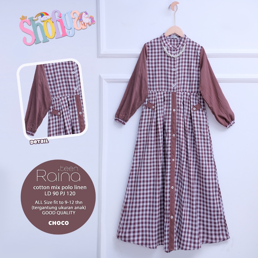 Raina baju gamis dress anak muslim muslimah ld 90 umur 9 -12 th katun linen polos kotak terbaru