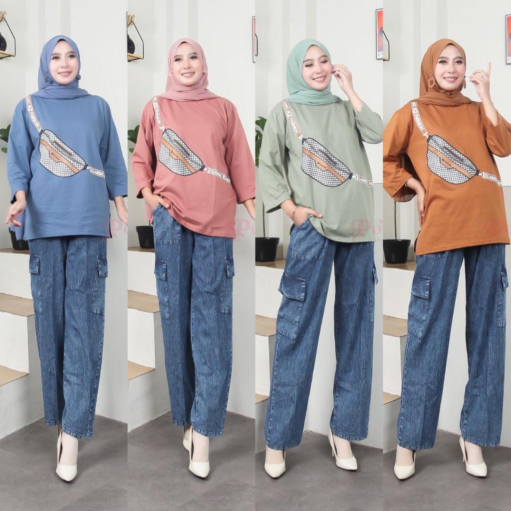 POJEE SET JEANS WANITA TERBARU BY POJEE SETELAN KAOS DAN KULOT JEANS WASH PREMIUM ONESET VIRAL