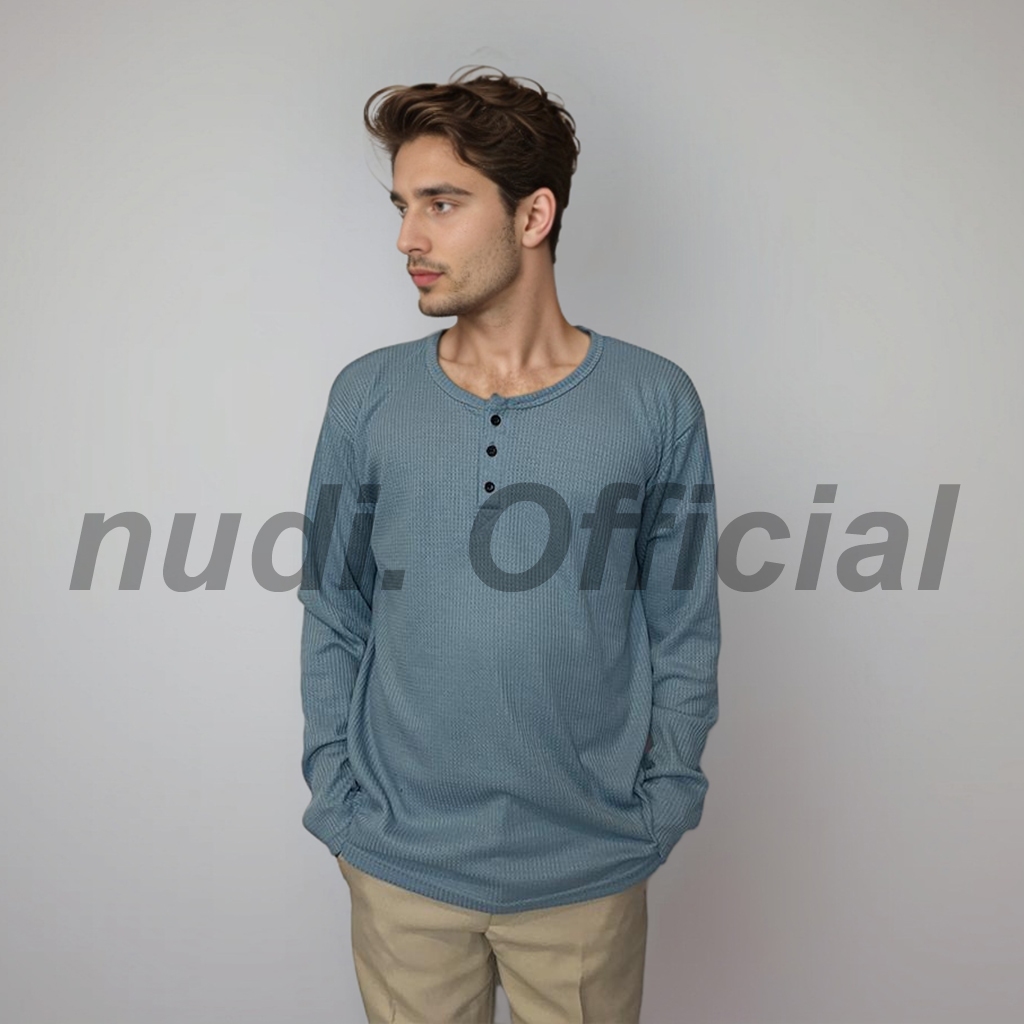 Nudi - Atasan Pria Lengan Panjang Waffle Henley Knit Long Sleeve T-shirt Men Kerah Kancing Premium