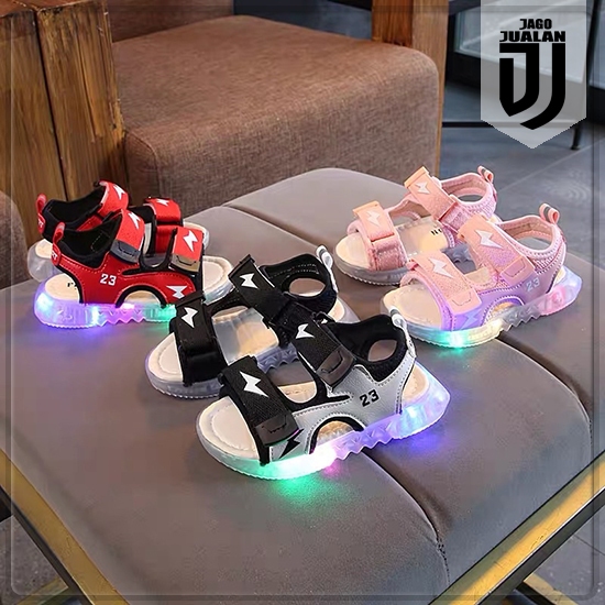 Sandal Gunung Anak Lampu LED Cowok Cewek Motif Thunder / Sandal Sepatu Perekat Anak usia 1 2 3 4 5 6
