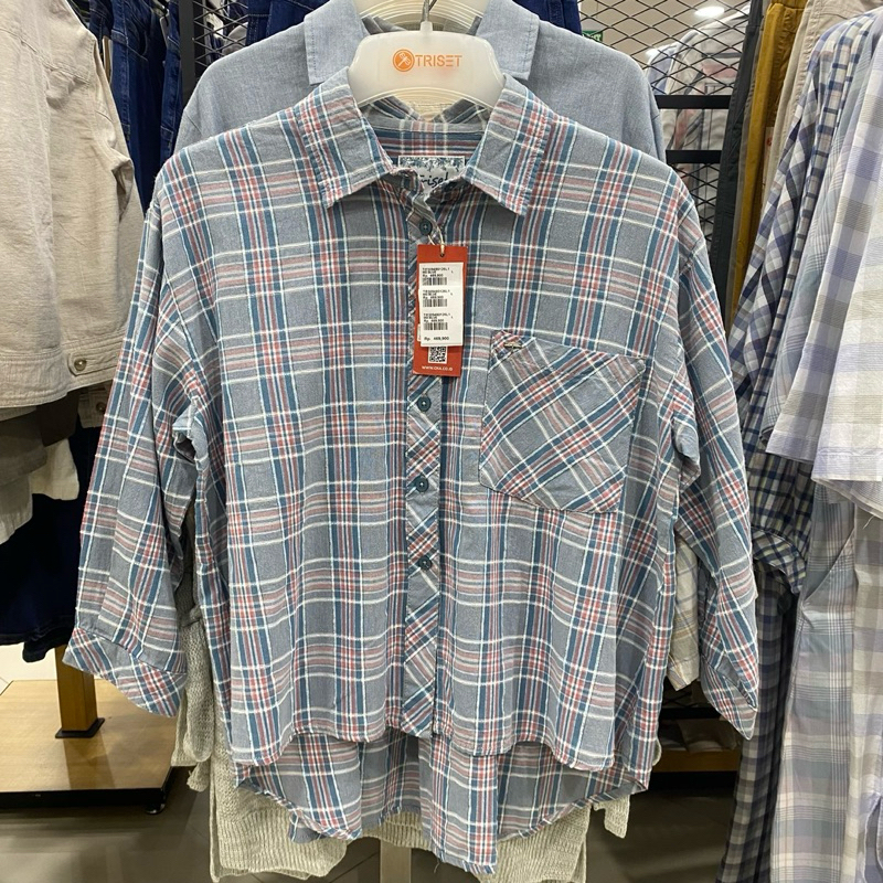 TRISET KEMEJA BLOUSE WANITA MODEL CROPTI MOTIF KOTAK KOTAK BIRU