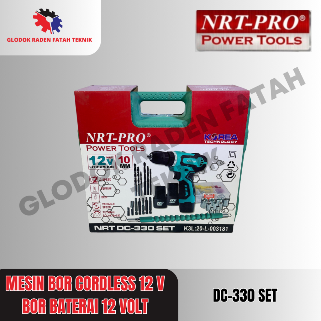 NRT-PRO DC 330 Set Mesin Bor Cordless 12V Bor Baterai 12 Volt 10 mm Bor Batre Tangan Paket Set