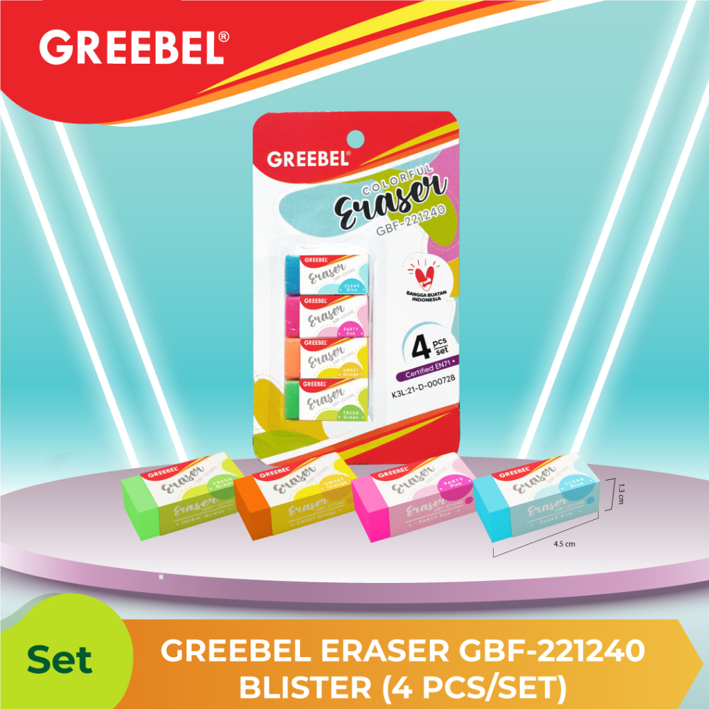 

Greebel Penghapus Blister 4 warna GBF 221240 /Eraser Blister 4 pcs untuk anak-anak dan dewasa 1 pak terdiri dari 4 warna penghapus