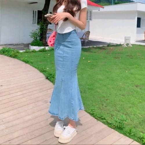 Mermaid Midi Skirt Rok Duyung Wanita-Denim Mermaid Skirt Model Korea Terbaru