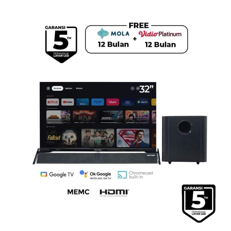 TV POLYTRON + SPEAKER SOUNDBAR GARANSI 5 TH