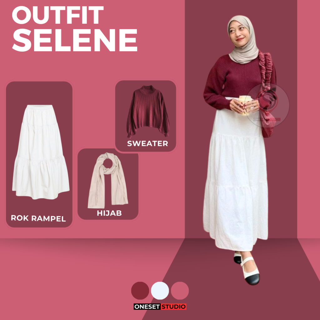 One Set Wanita Setelan Kampus (Sweater + Rok Ruffle + Hijab) OOTD Korean Style Kekinian SELENE