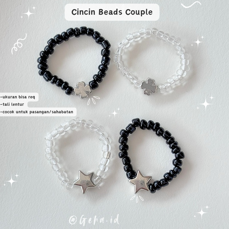 (2pcs) Cincin beads couple manik daun silver - cincin manik couple - Cincin beads couple murah lucu 
