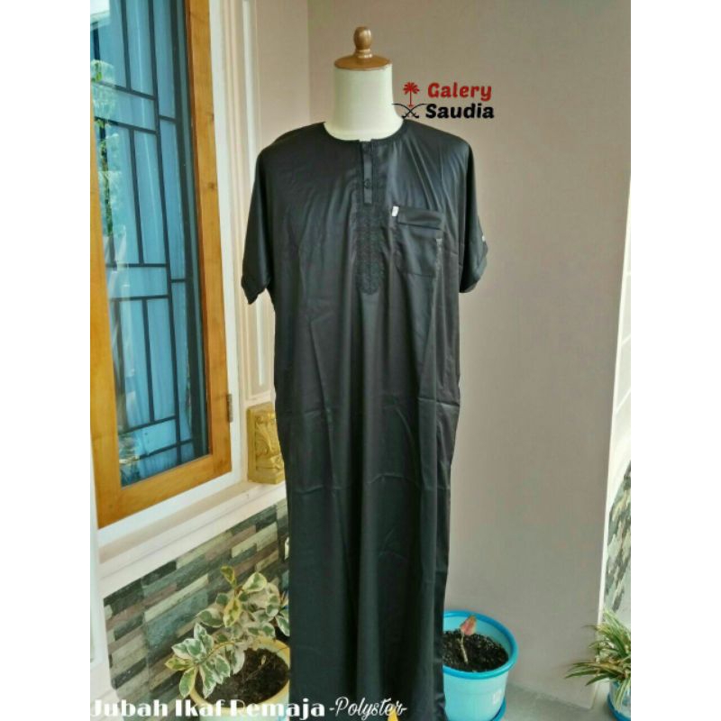 Jubah Gamis Anak Remaja IKAF HITAM Polyester Lengan Pendek Original Arab Saudi Size 44 46 48