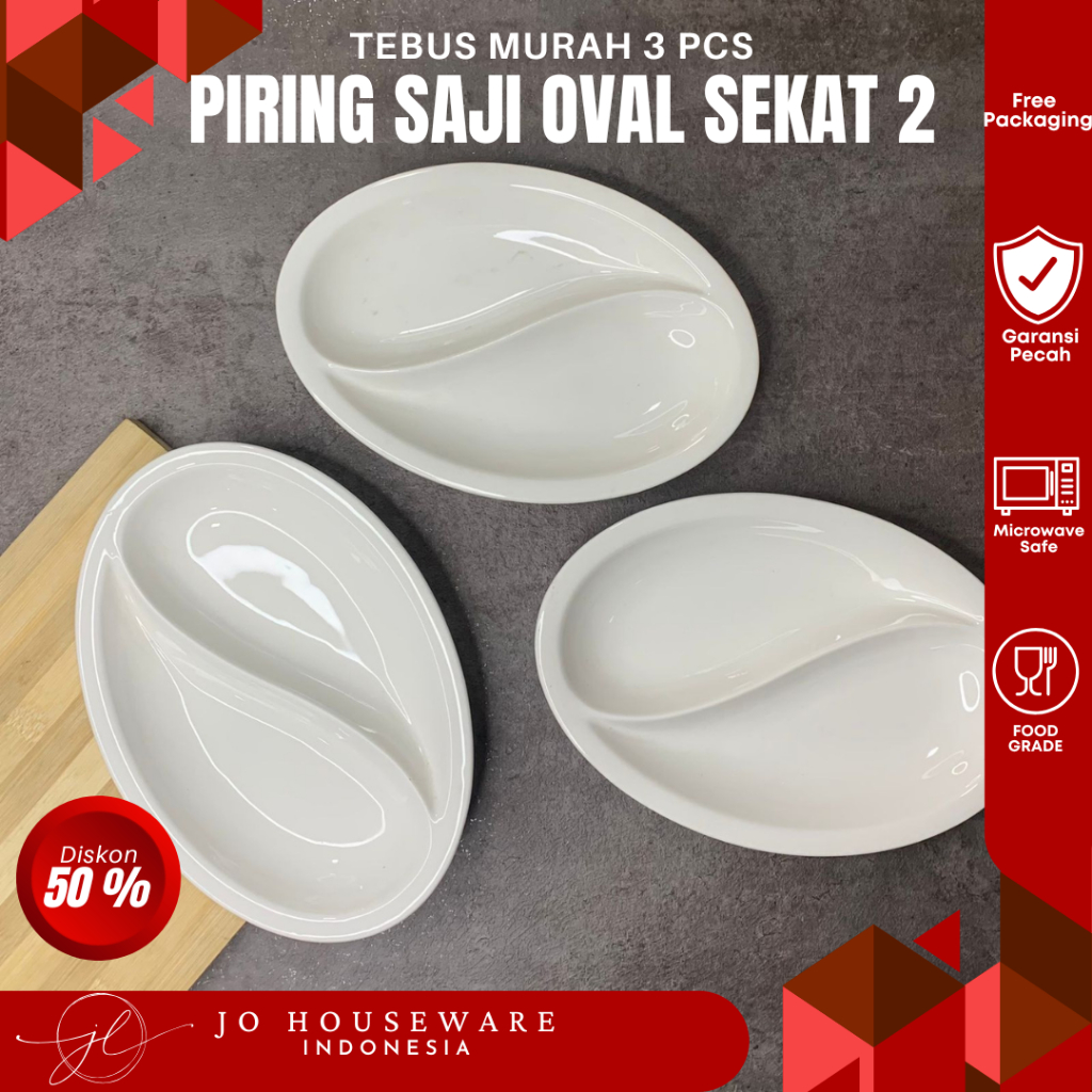 TEBUS MURAH SET 3 PCS Piring saji sekat dua keramik premium putih polos ukuran 25 x 17cm piring unik