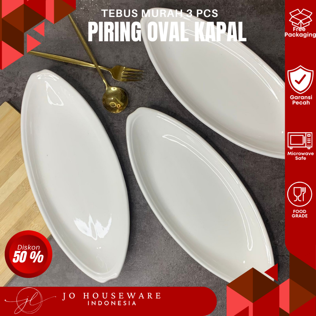 TEBUS MURAH SET 3 PCS Piring cekung saji model oval kapal keramik premium putih polos ukuran 37 x 16