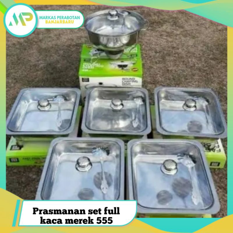 Prasmanan Kaca Full Set Merek 555 / Prasmanan Set Isi 6Pcs / Wadah Penyimpan Makanan Stainless