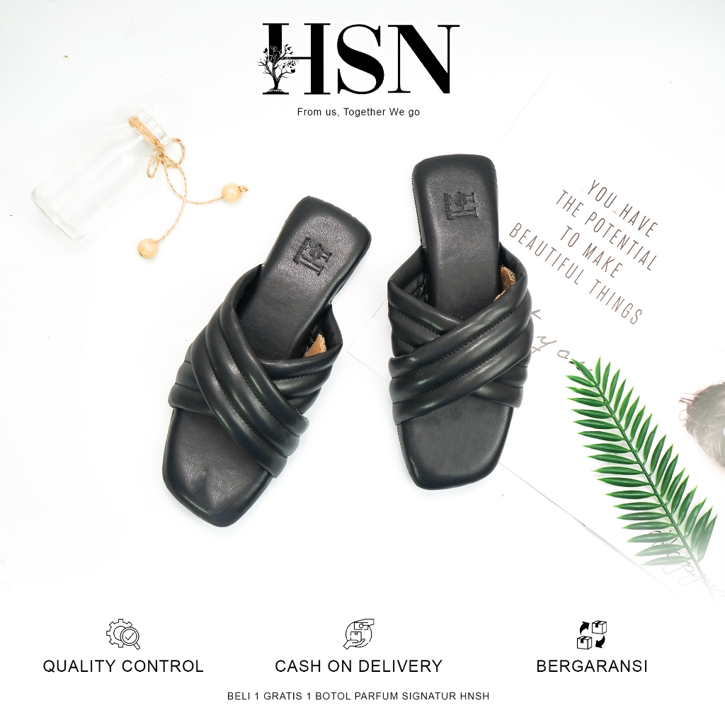 HSN Sandal BASILA Flat Wanita - Warna Hitam | Beli 1 Gratis 1 Parfume