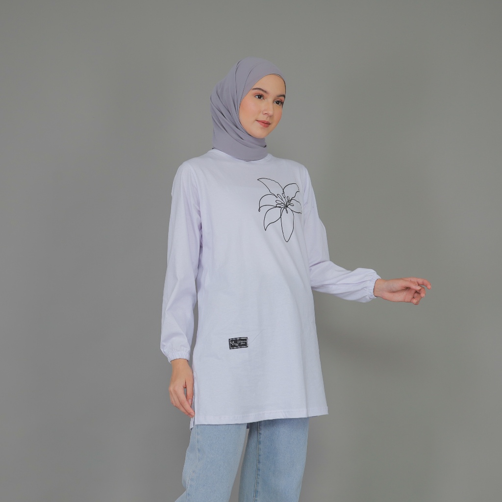 paket hemat kaos tunik kasual motif bunga warna putih lengan balon atasan wanita terbaru kombed 20s