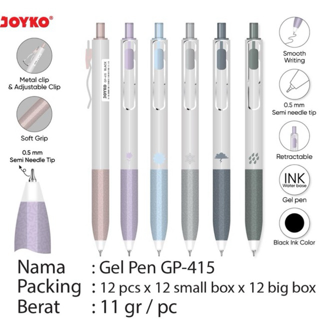 

( 1 pcs ) GP-415 JOYKO Pulpen Jel Cetrek 0,5 mm / Pen gel Retractable Metal Clip Soft Grip / Gelpen tinta hitam Joyko Gp415