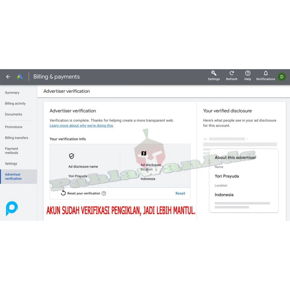 Akun Google Ads Sudah Verifikasi Pengiklan