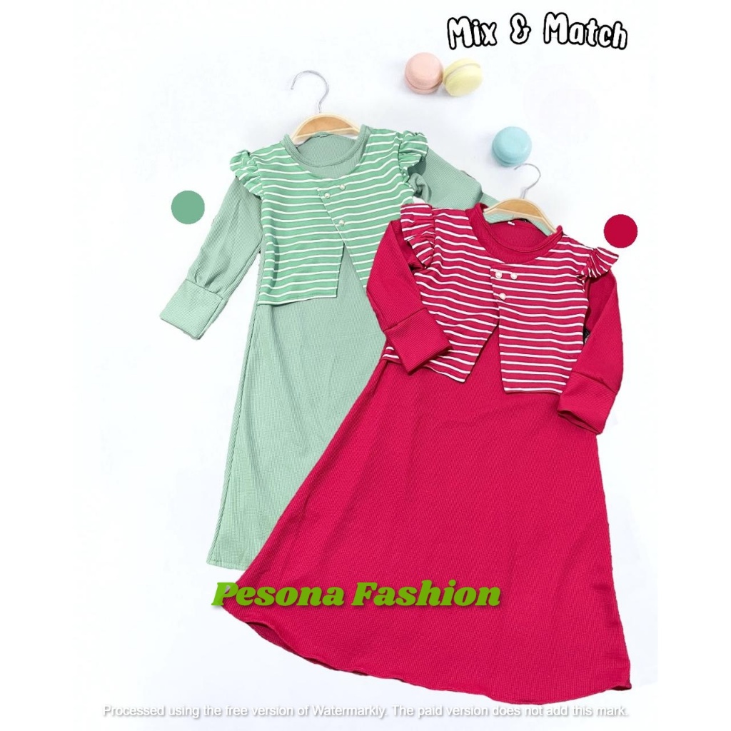 Gamis blazer style korea anak usia 1-12 tahun motif salur mutiara Gamis lebaran anak
