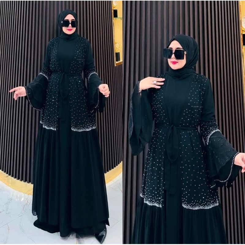 Gamis Set Outer Iner Swaropsky Renda Hitam Muslimah Terbaru Dress Pesta Lebaran