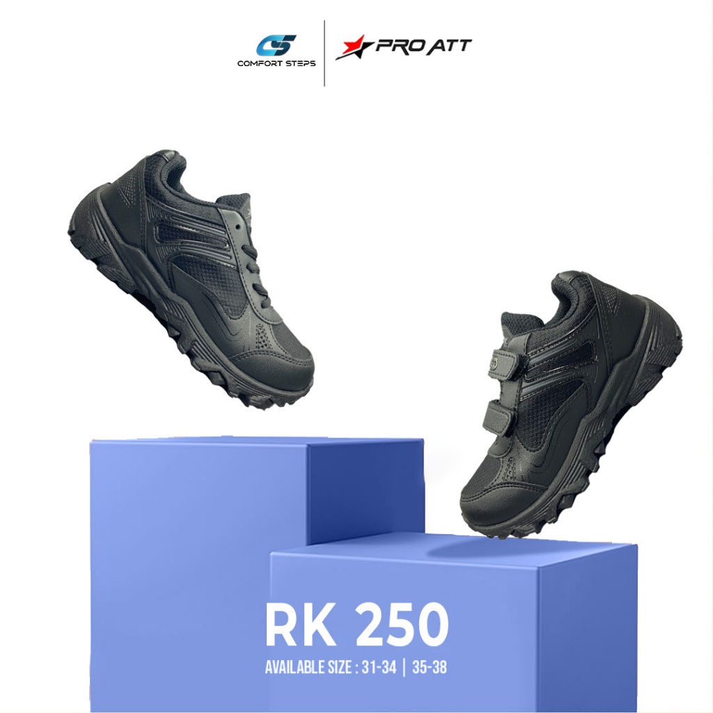 Sepatu Pro Att Sneakers Sekolah Pria Wanita  Sd/Smp Full Hitam Model Tali/Perekat