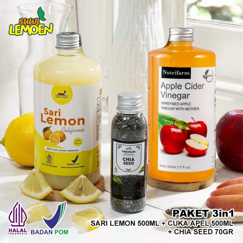 

Paket Detox Diet 3in1 - Cuka Apel 500ML, Suuer Lemon Murni 500ML, Chia Seeds 70Gr