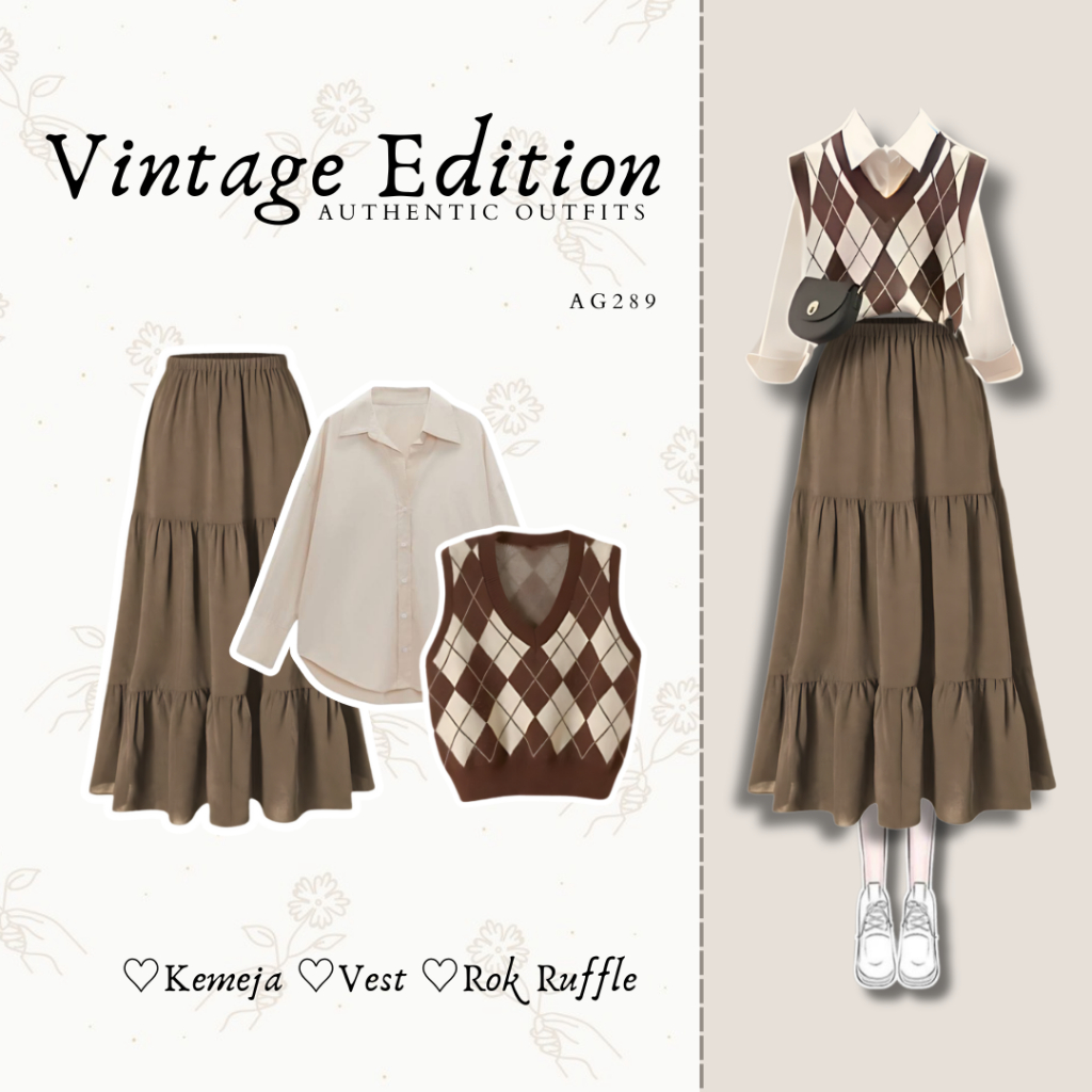 New Vintage Outfit orean Style Kekinian Terbaru Setelan Korean Style Outfit | Kemeja + Vest + Rok Su