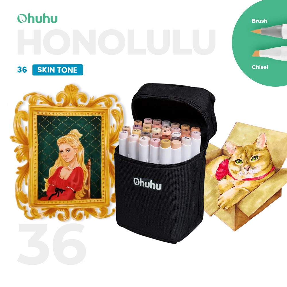

OHUHU Honolulu Portrait Skin Tones 36 Color Dual Tip Brush & Chisel Alcohol Art Markers