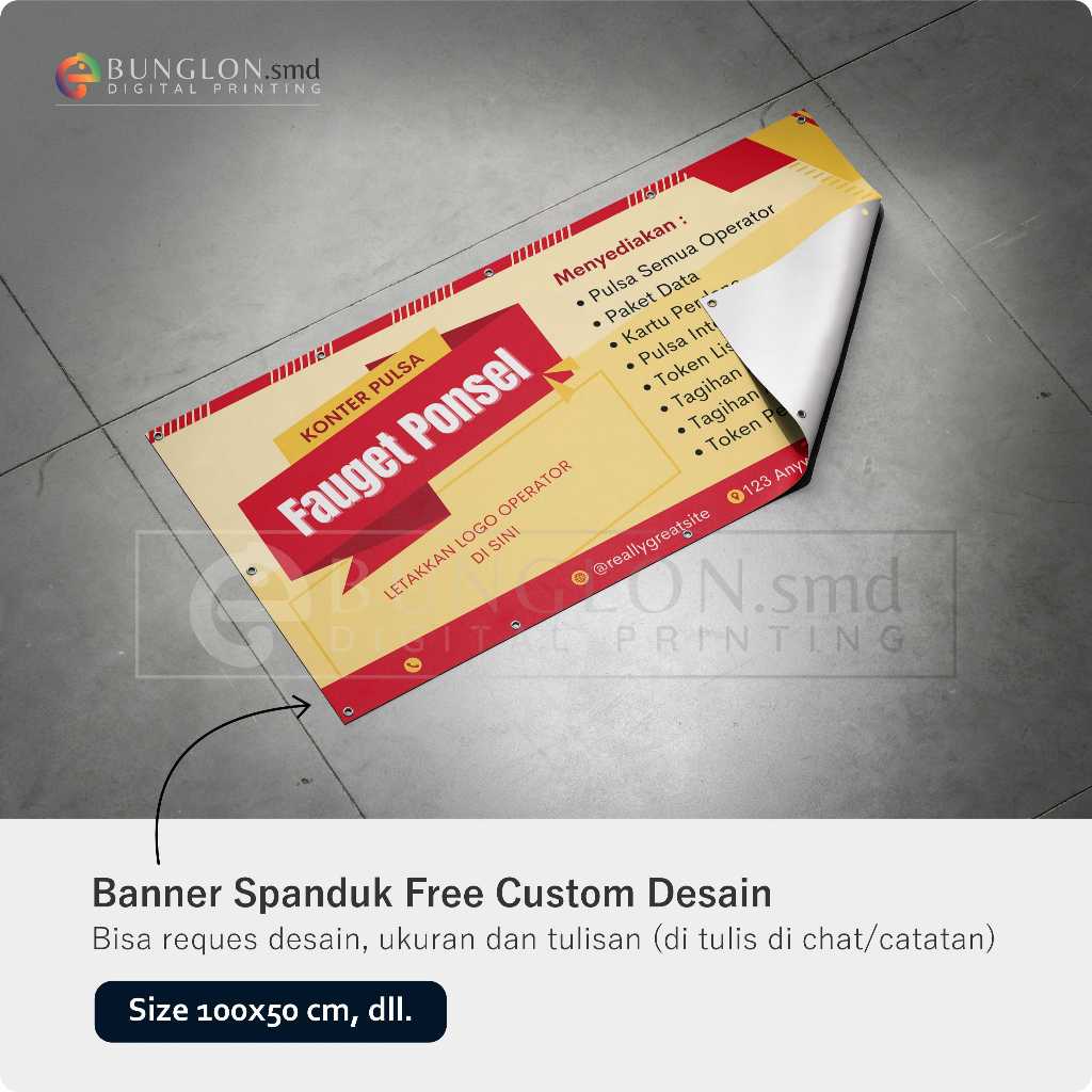 PRINT CETAK SPANDUK BANNER TOKO KONTER JUAL PULSA FREE DESAIN
