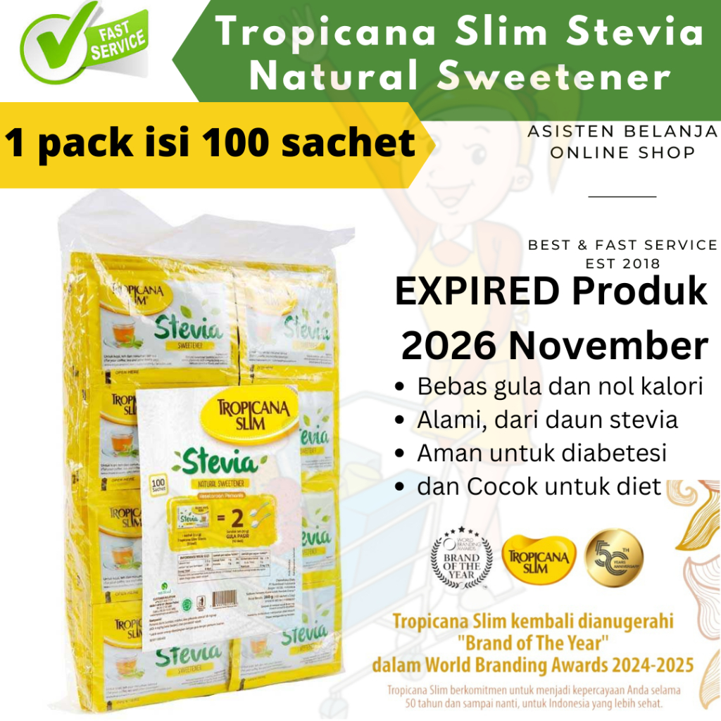

Tropicana Slim Stevia Natural Sweetener Pemanis Alami bebas gula 50 sachet X 2 box = 100 sachet