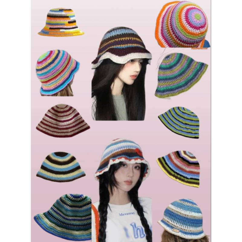 READY Y2K BUCKET HAT / STRIPED CROCHET HAT/ STRIPED BUCKET HAT/ TOPI RAJUT/ CROCHET BUCKET HAT