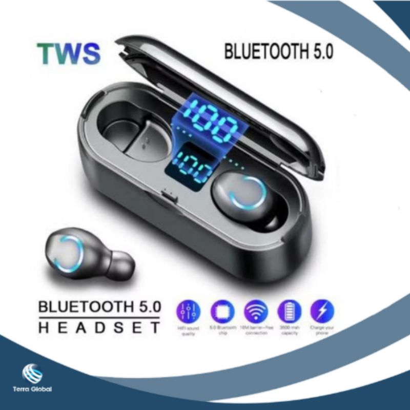 Headset Bluetooth TWS F9 Wireless 5.0 Powerbank