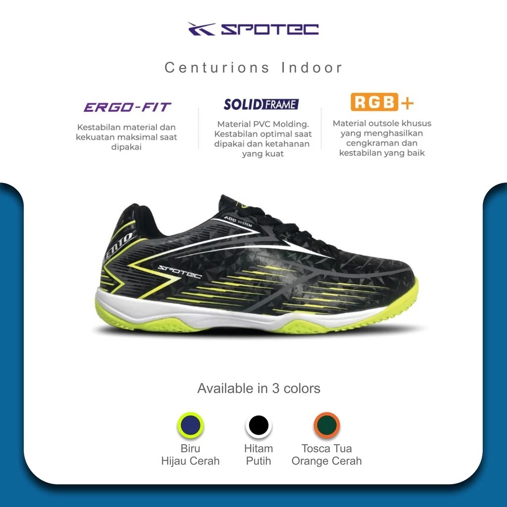 SPOTEC Sepatu FUTSAL Artikel CENTURIONS INDOOR-Hitam/Hijau Cerah Spotec Original