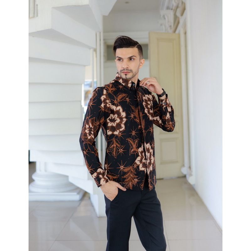 BUNGA MAWAR Kemeja Batik Pria SLIMFIT PREMIUM Lengan Panjang Lapis Furing