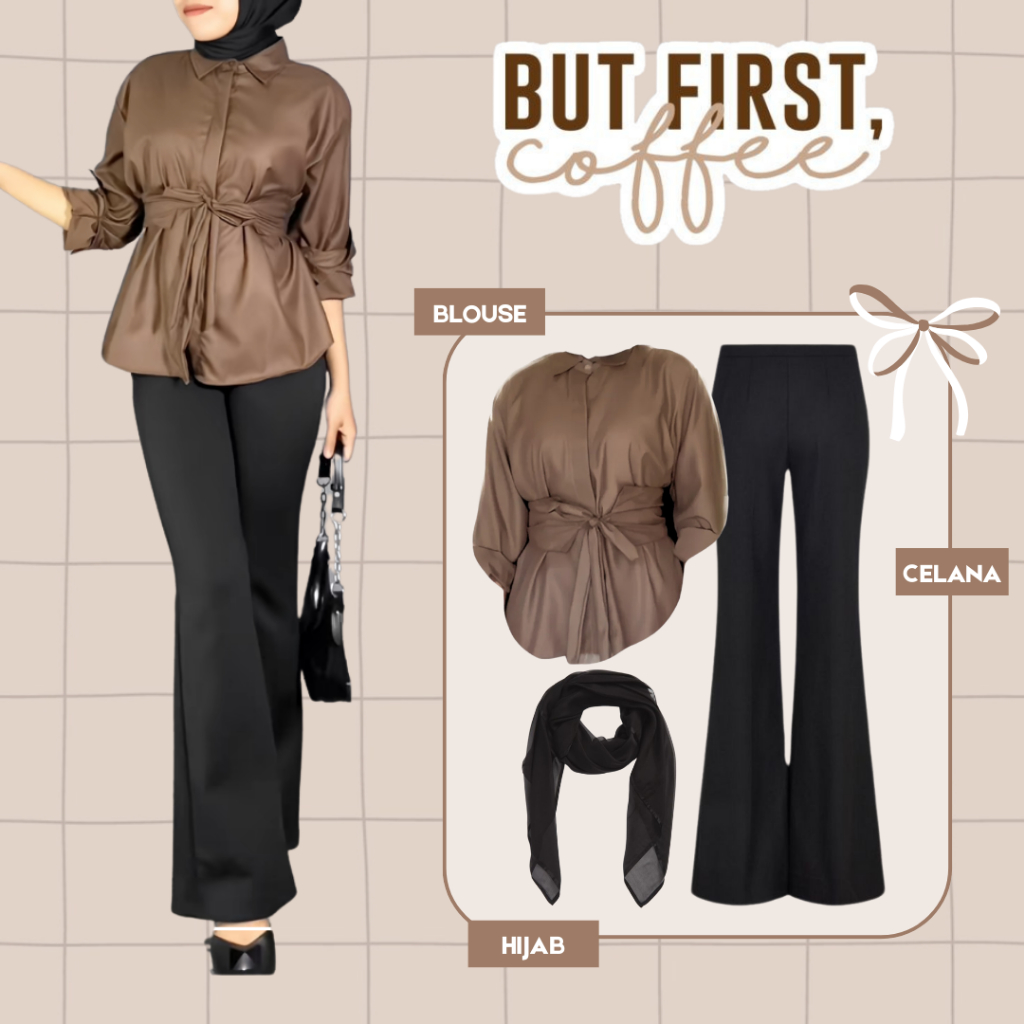 Setelan wanita terbaru|outfit kampus|ootd set (Kemeja wanita, Celana cutbray, Hijab segiempat) -LU10