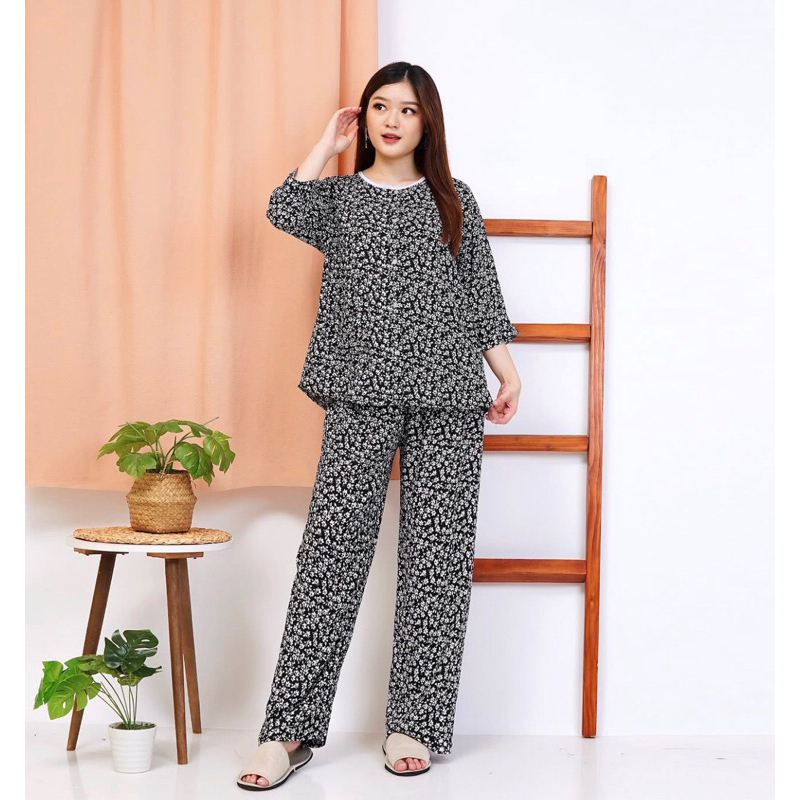 Baju Lalok - Hoki Sheila CP Katun Rayon Full Kancing | Baju Tidur Hoki Sheila Lebel Orange
