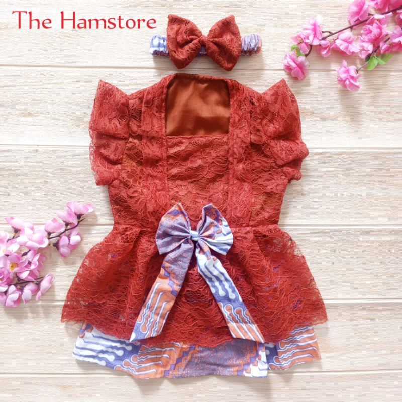 Kebaya Brukat Batik Anak Bayi 6 - 12 Bulan Merah Bata Teracota 7 Bulanan Turun Tanah