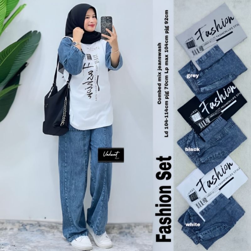 fashion one set wanita kekinian by valent tunik kaos combed setelan jeans wanita celana highwaist de