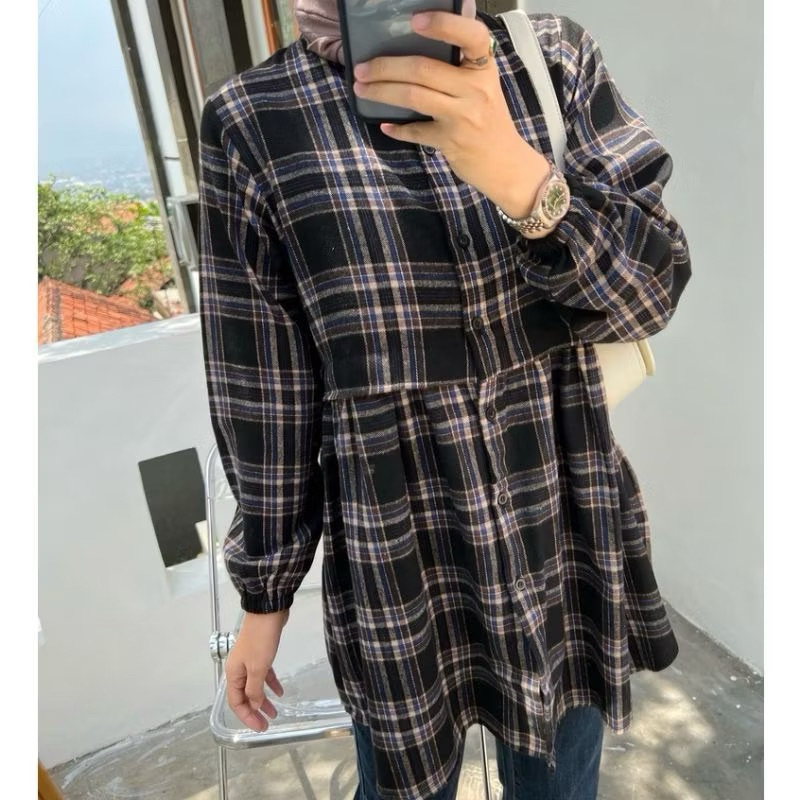 Rumyel Tunik Flanel/Kemeja Ruffle Flanel wanita kekinian/ Tunik flanel premium